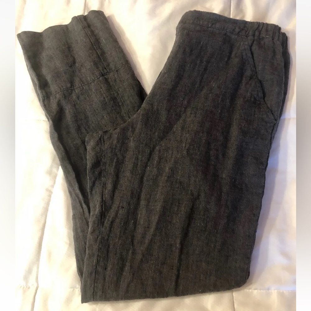 Flax Linen Straight Leg Pants Size P(4-6) Gray Front Zip Up Pockets Lagenlook